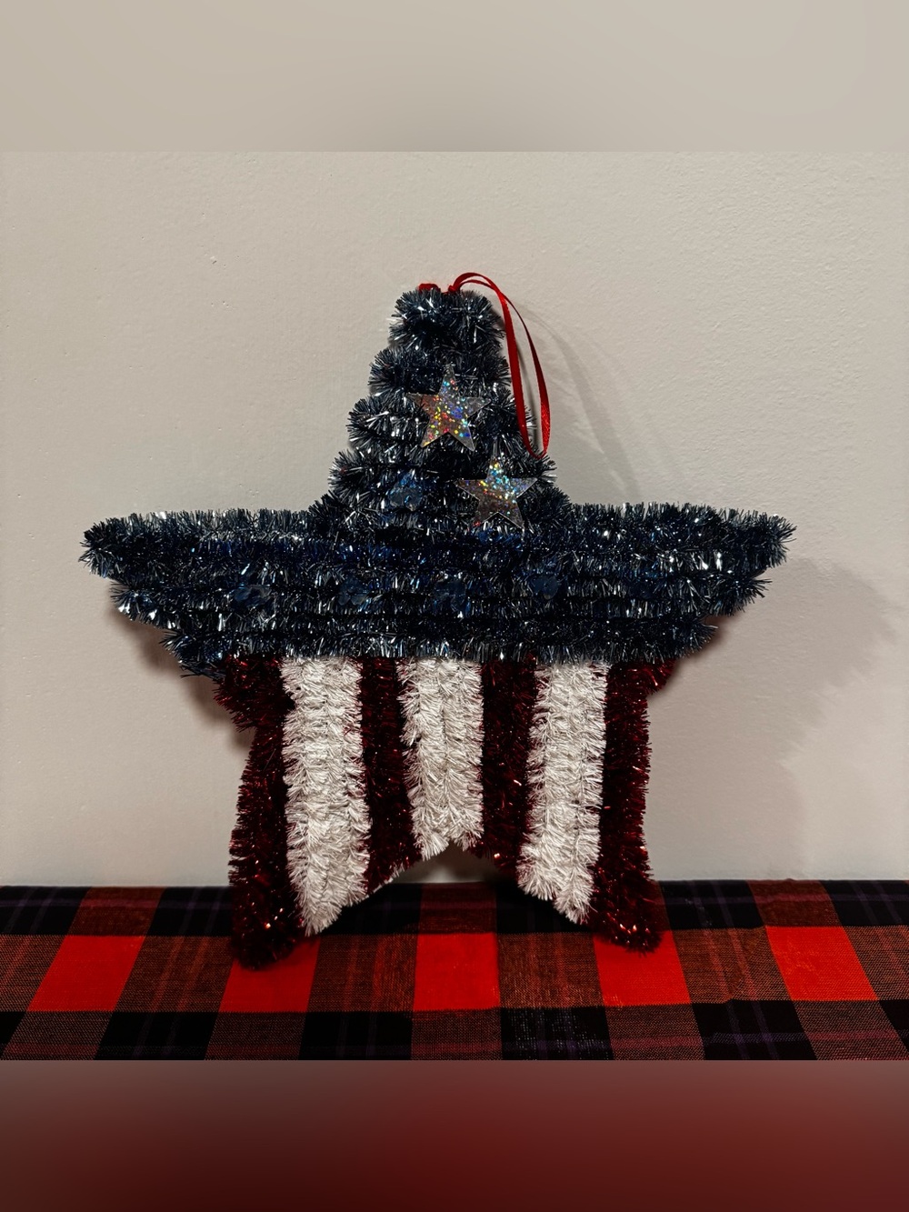 Patriotic Star Tinsel Wall Hanging - Red White and Blue